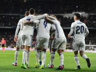 MADRID, SPAIN - MARCH 12:  Sergio Ramos of Real Madrid celebrates with Cristiano Roanldo and Luka Mordic after scoring Real's 2nd goal during the La Liga match between Real Madrid CF and Real Betis Balompie at Estadio Santiago Bernabeu on March 12, 2017 in Madrid, Spain.  (Photo by Denis Doyle/Getty Images)